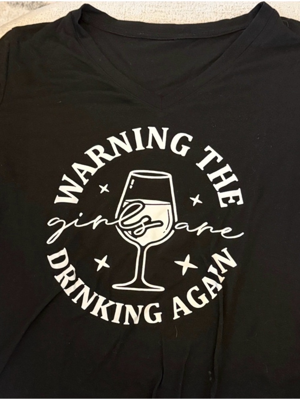 Funny Wine Shirt Women’s L Black V-Neck Girls Night Drinking Graphic Tee